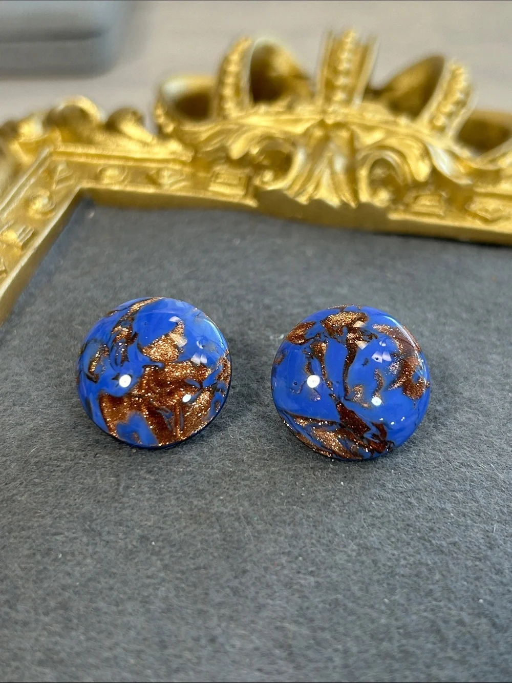 Blue and Copper Round Murano Glass Button Earrings
